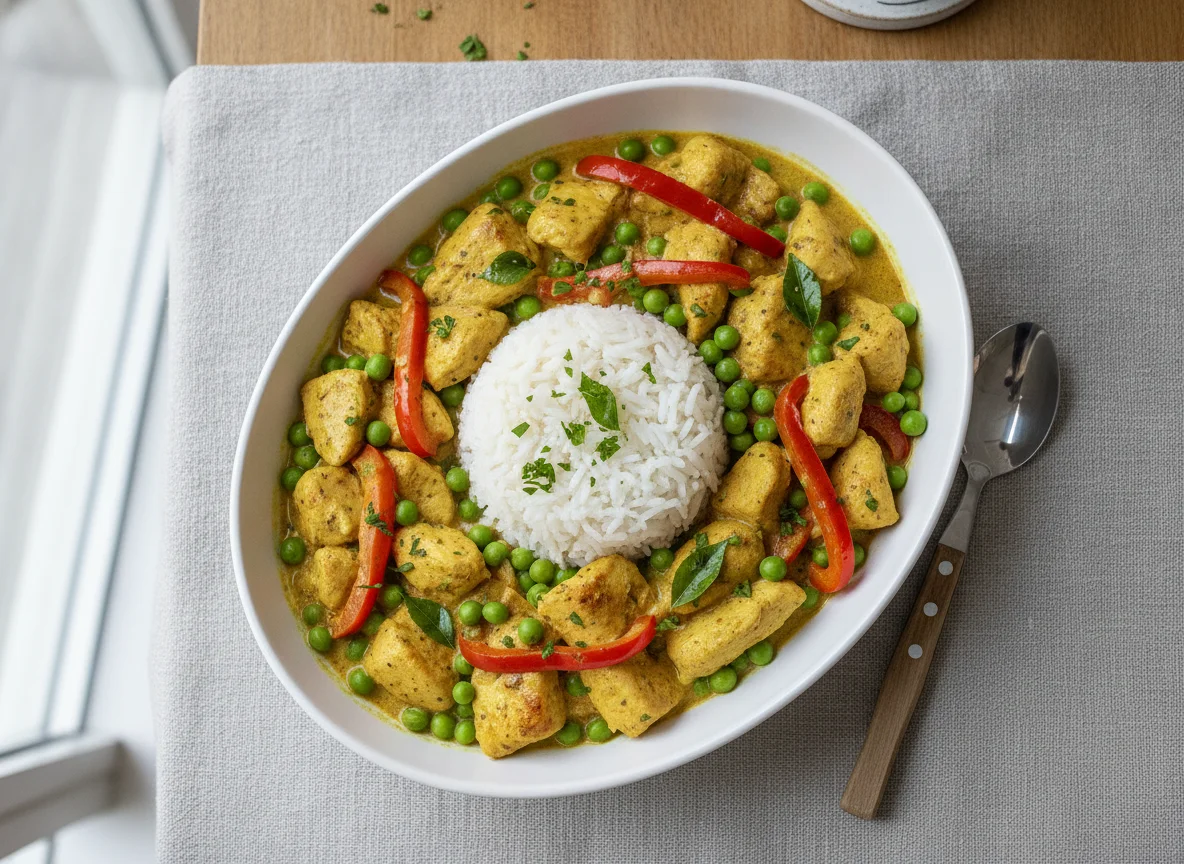 Hähnchen-Curry mit Reis, Erbsen und Paprika photo
