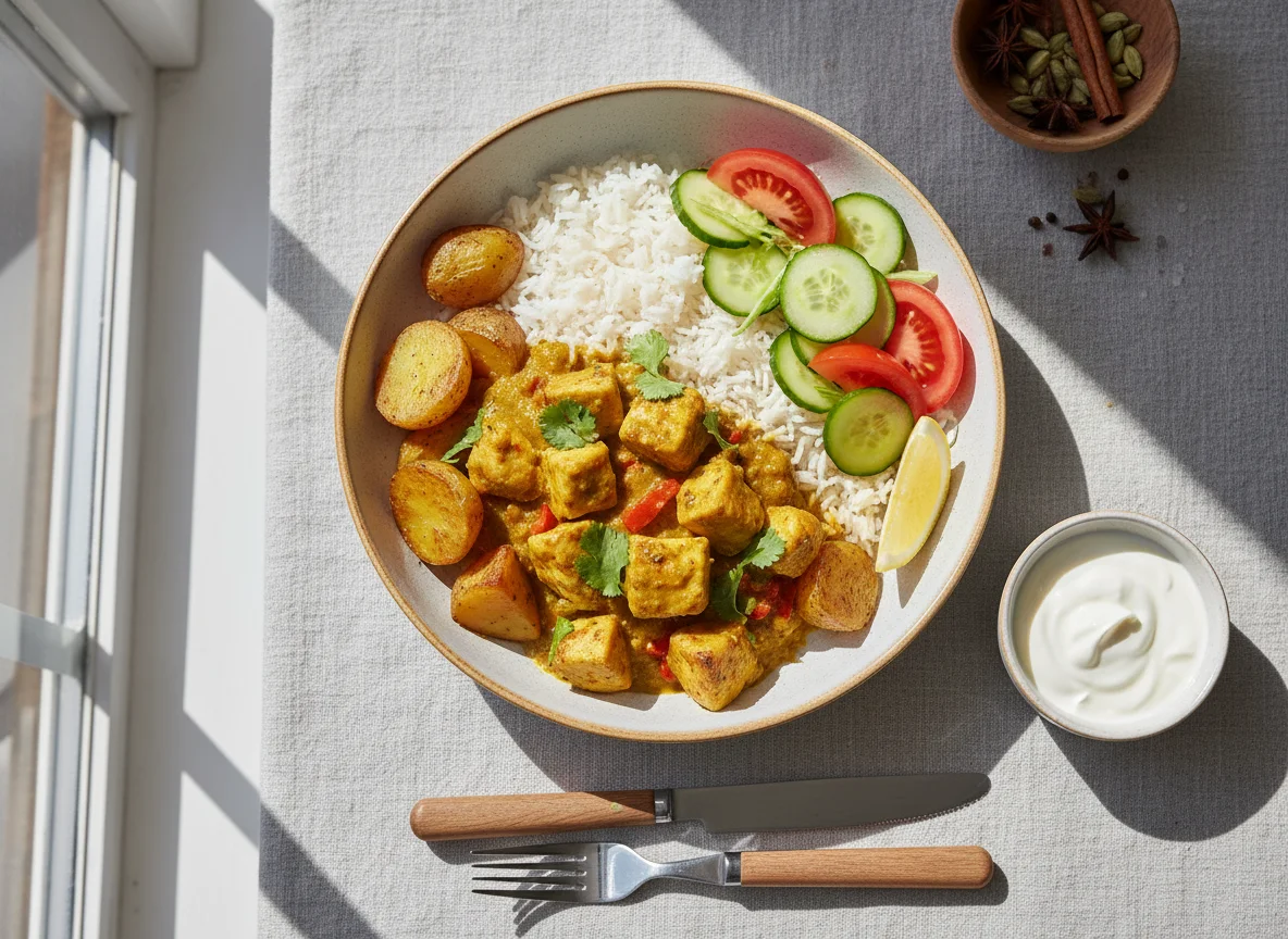 Hähnchen-Curry mit Reis, Kartoffeln, Salat und Joghurt photo