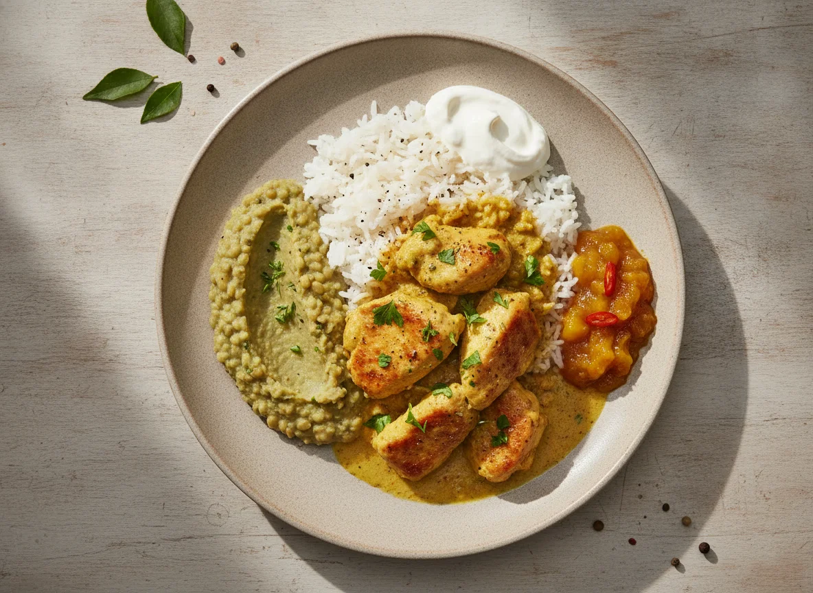 Hähnchen-Curry mit Reis, Linsen, Chutney und Sauerrahm photo
