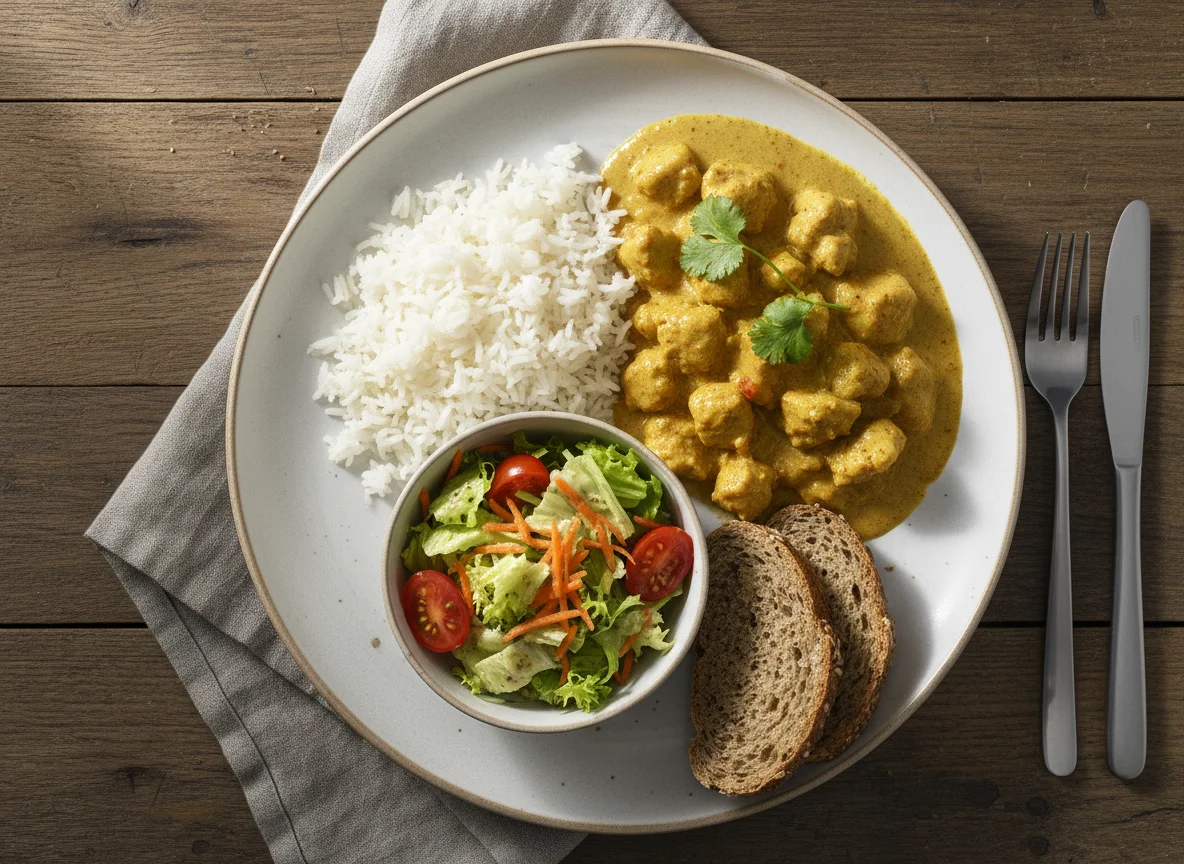 Hähnchen-Curry mit Reis, Salat und Brot photo