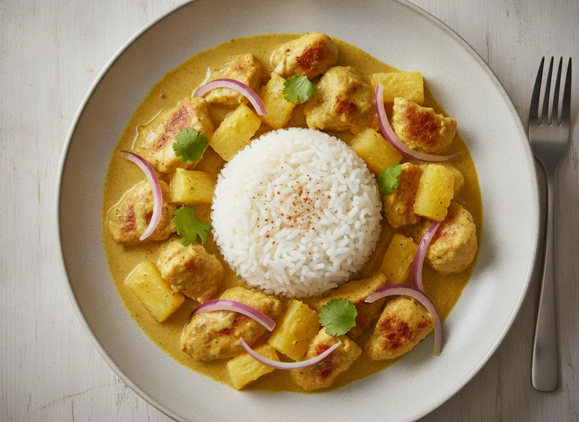 Hähnchen-Curry mit Reis und Ananas photo