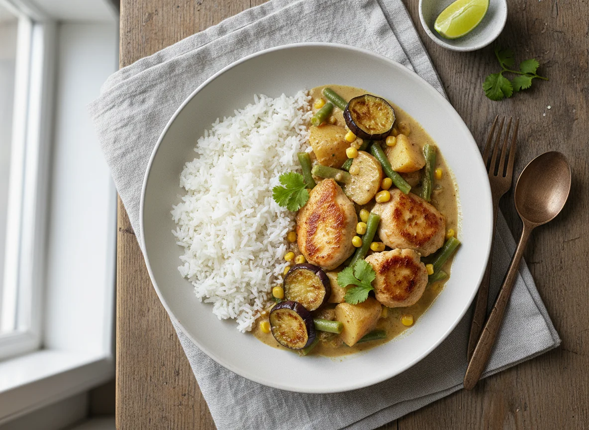 Hähnchen-Curry mit Reis und Auberginen photo