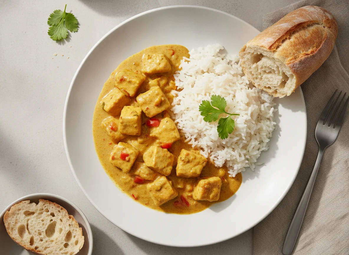 Hähnchen-Curry mit Reis und Baguette photo