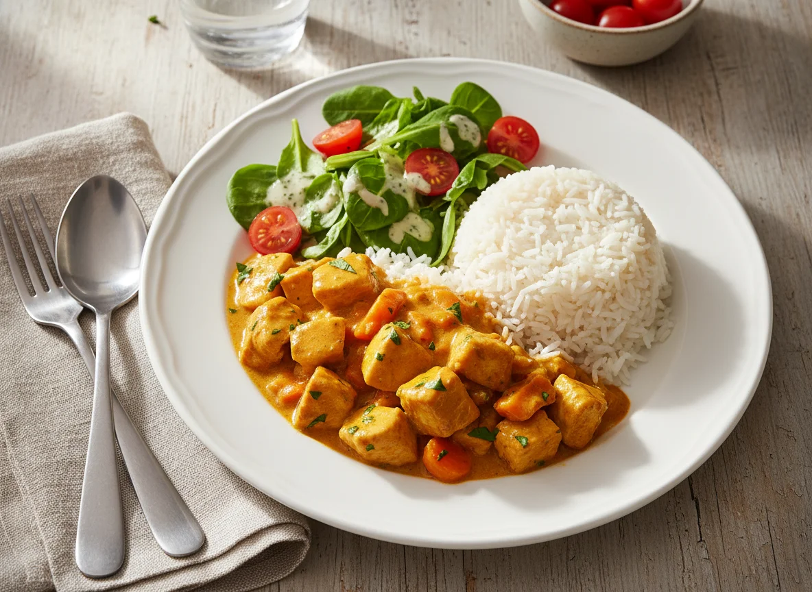 Hähnchen-Curry mit Reis und Beilagensalat photo