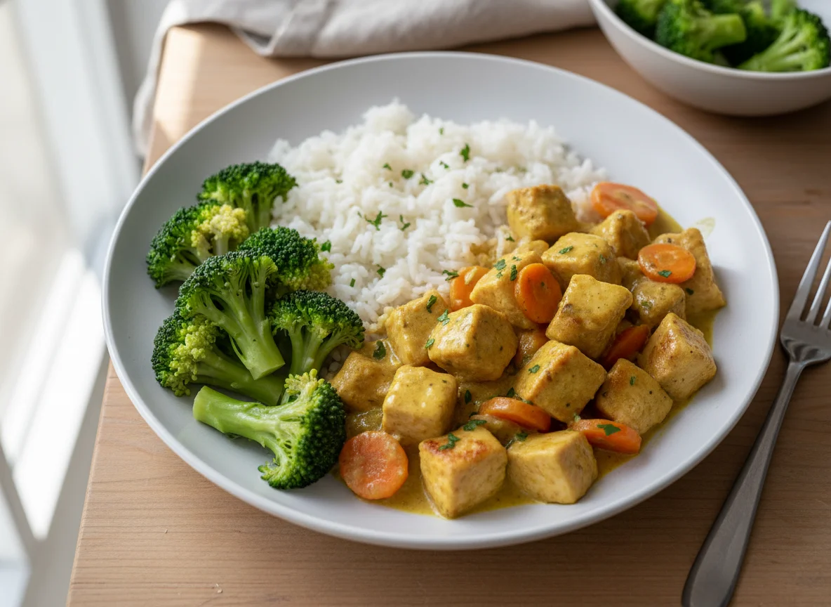 Hähnchen-Curry mit Reis und Brokkoli photo