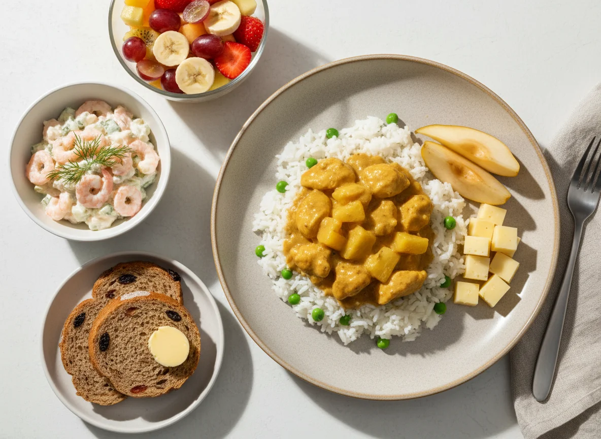 Hähnchen-Curry mit Reis und Erbsen, dazu Beilagen photo