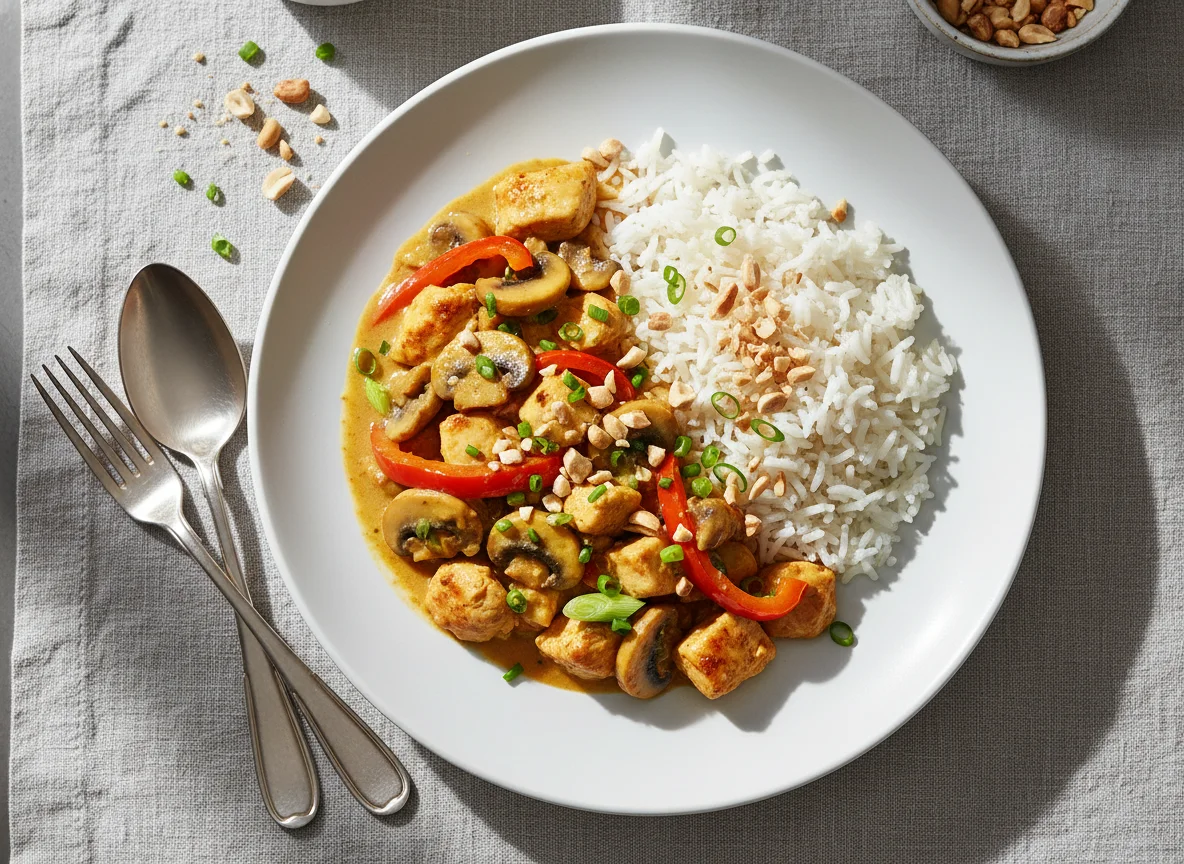Hähnchen-Curry mit Reis und Erdnüssen photo