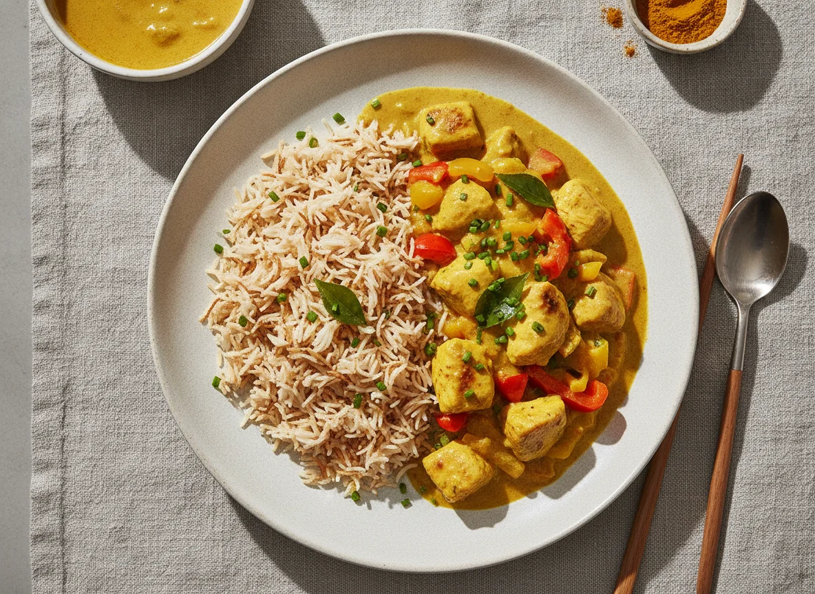 Hähnchen-Curry mit Reis und Fadennudeln photo