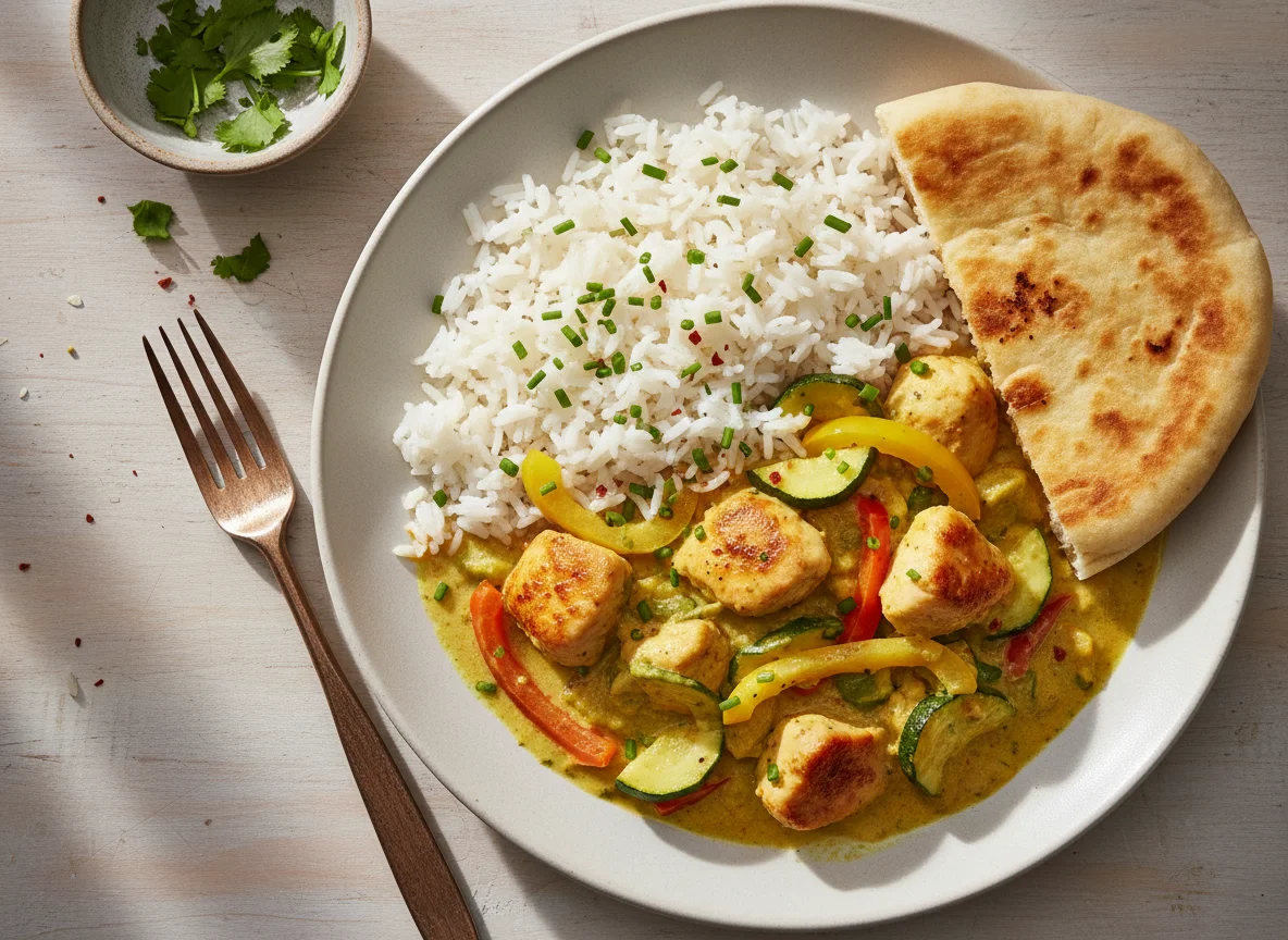 Hähnchen-Curry mit Reis und Fladenbrot photo