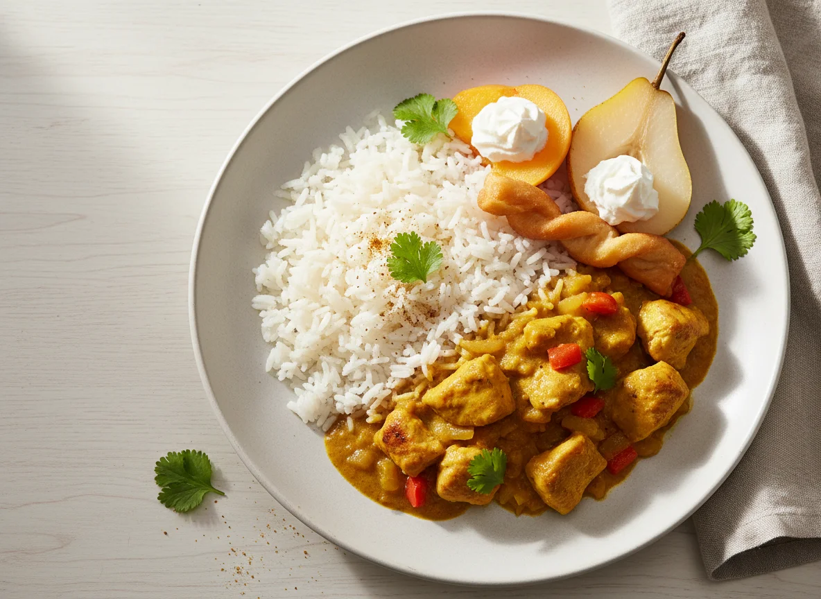 Hähnchen-Curry mit Reis und Früchten photo