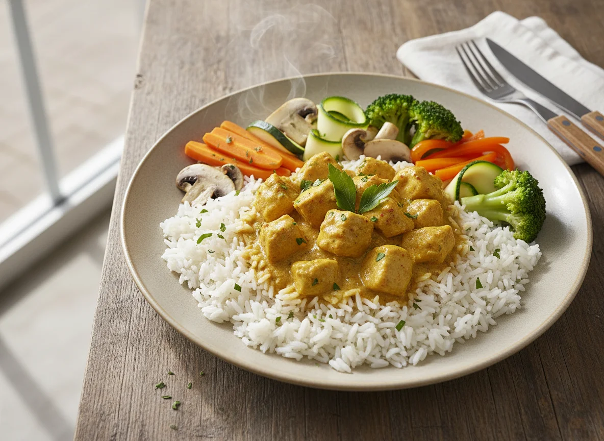 Hähnchen-Curry mit Reis und gedünstetem Gemüse photo