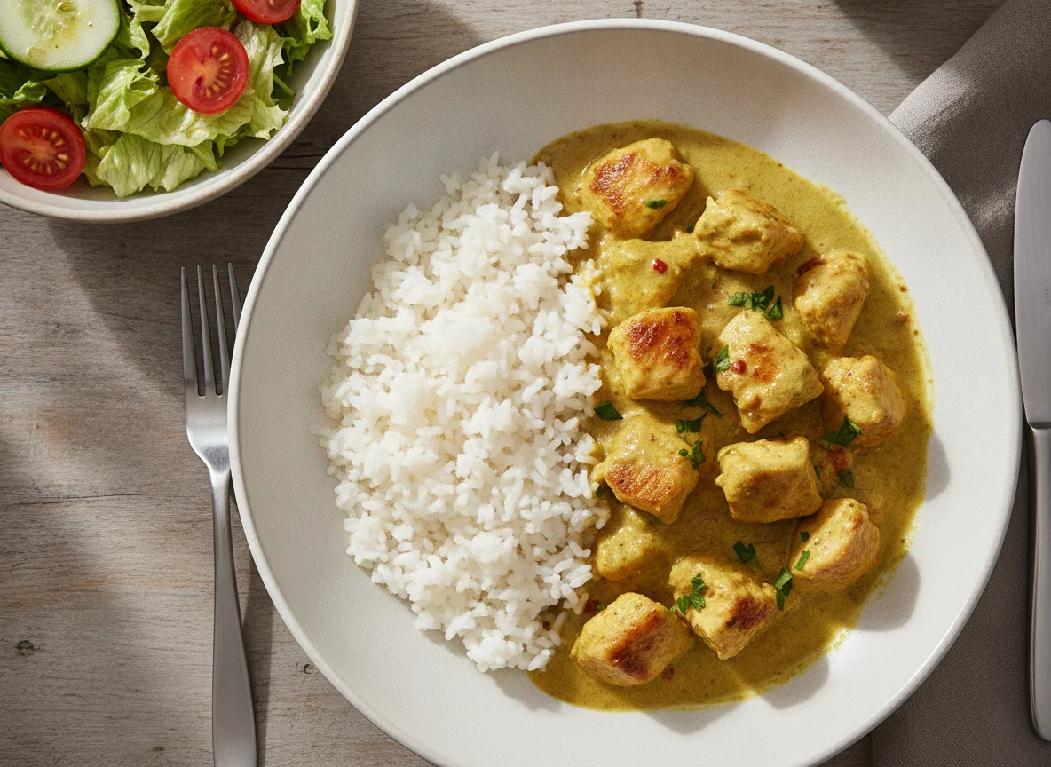 Hähnchen-Curry mit Reis und gemischtem Salat photo