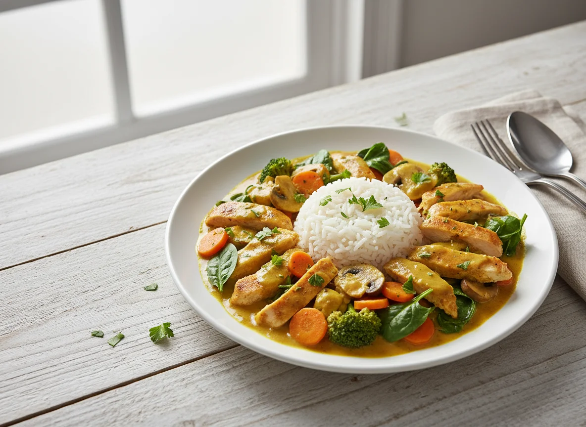 Hähnchencurry mit Reis und Gemüse photo