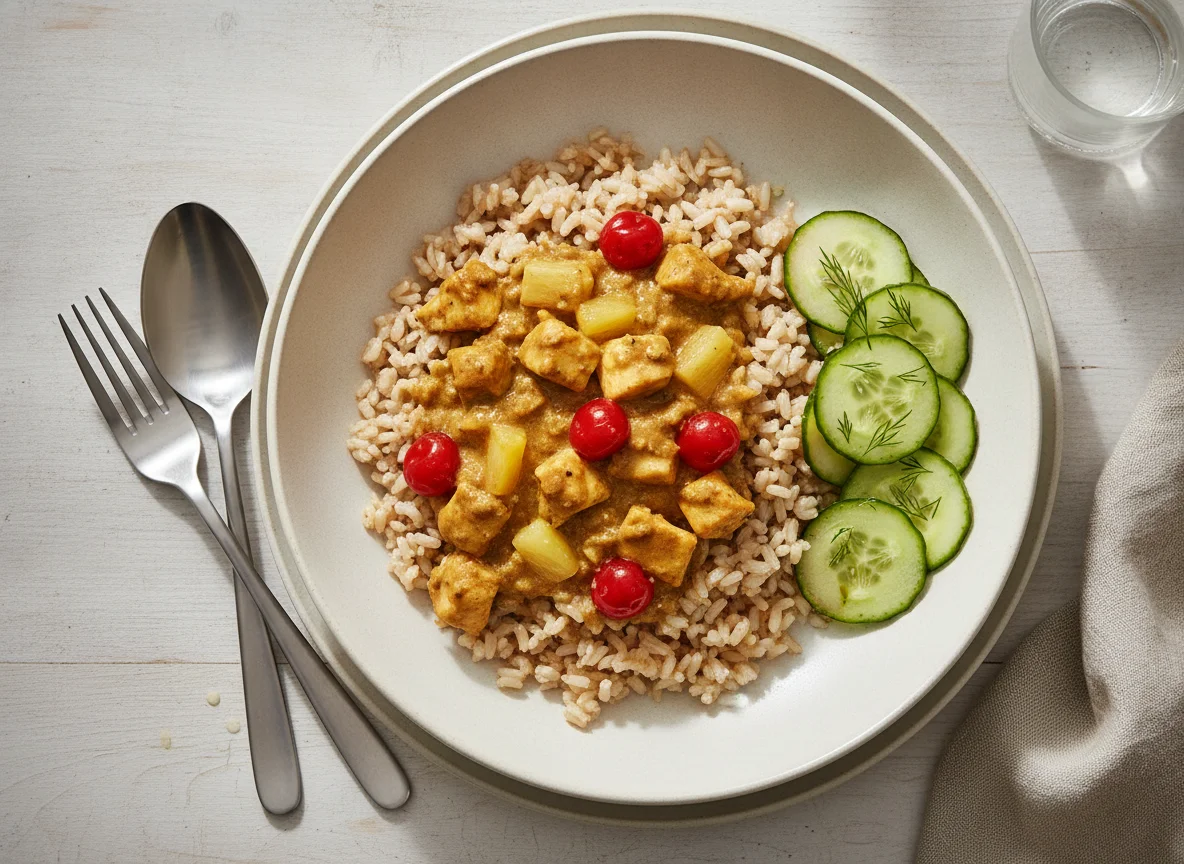 Hähnchen-Curry mit Reis und Gurkensalat photo