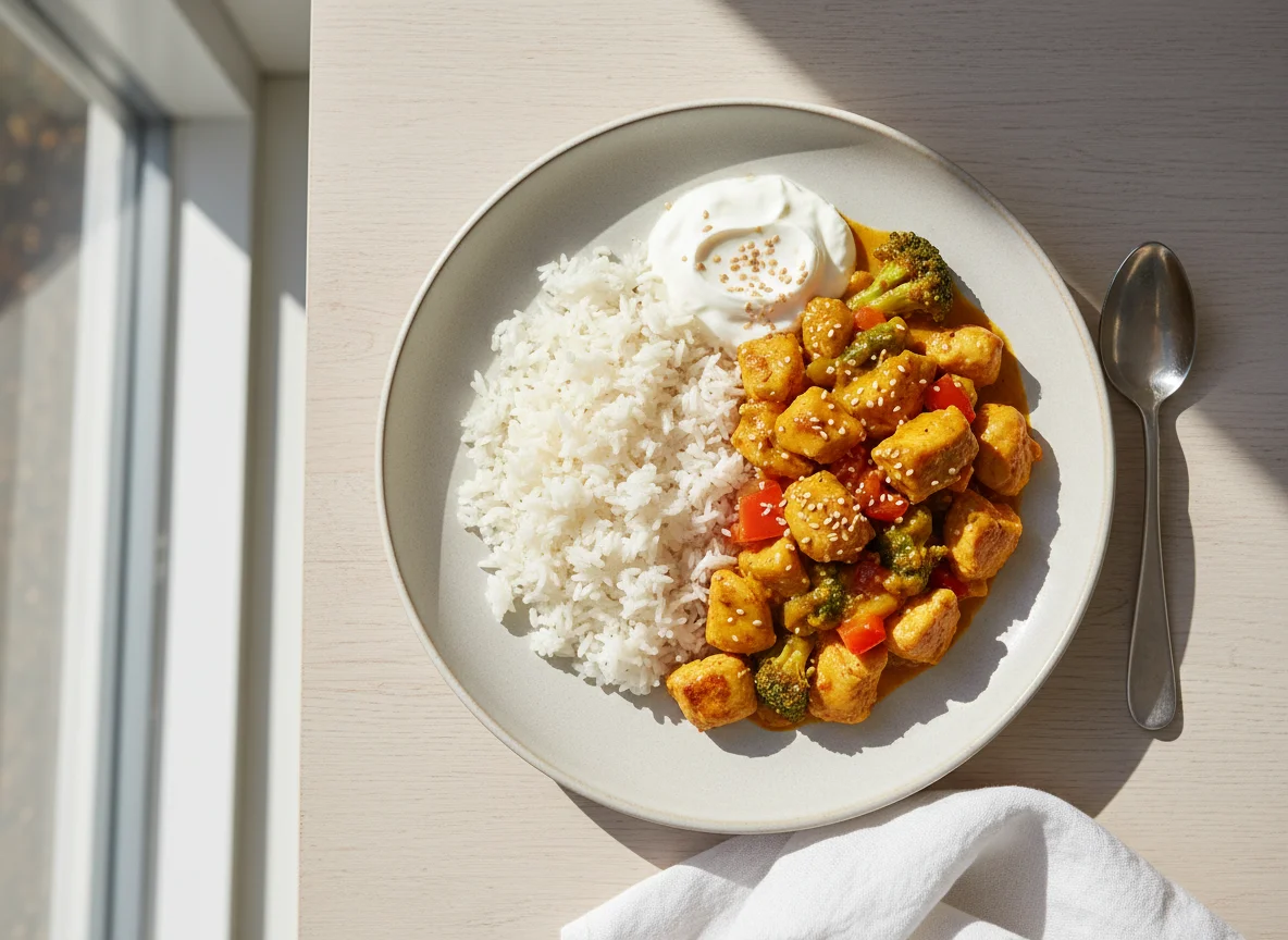 Hähnchen-Curry mit Reis und Joghurt photo