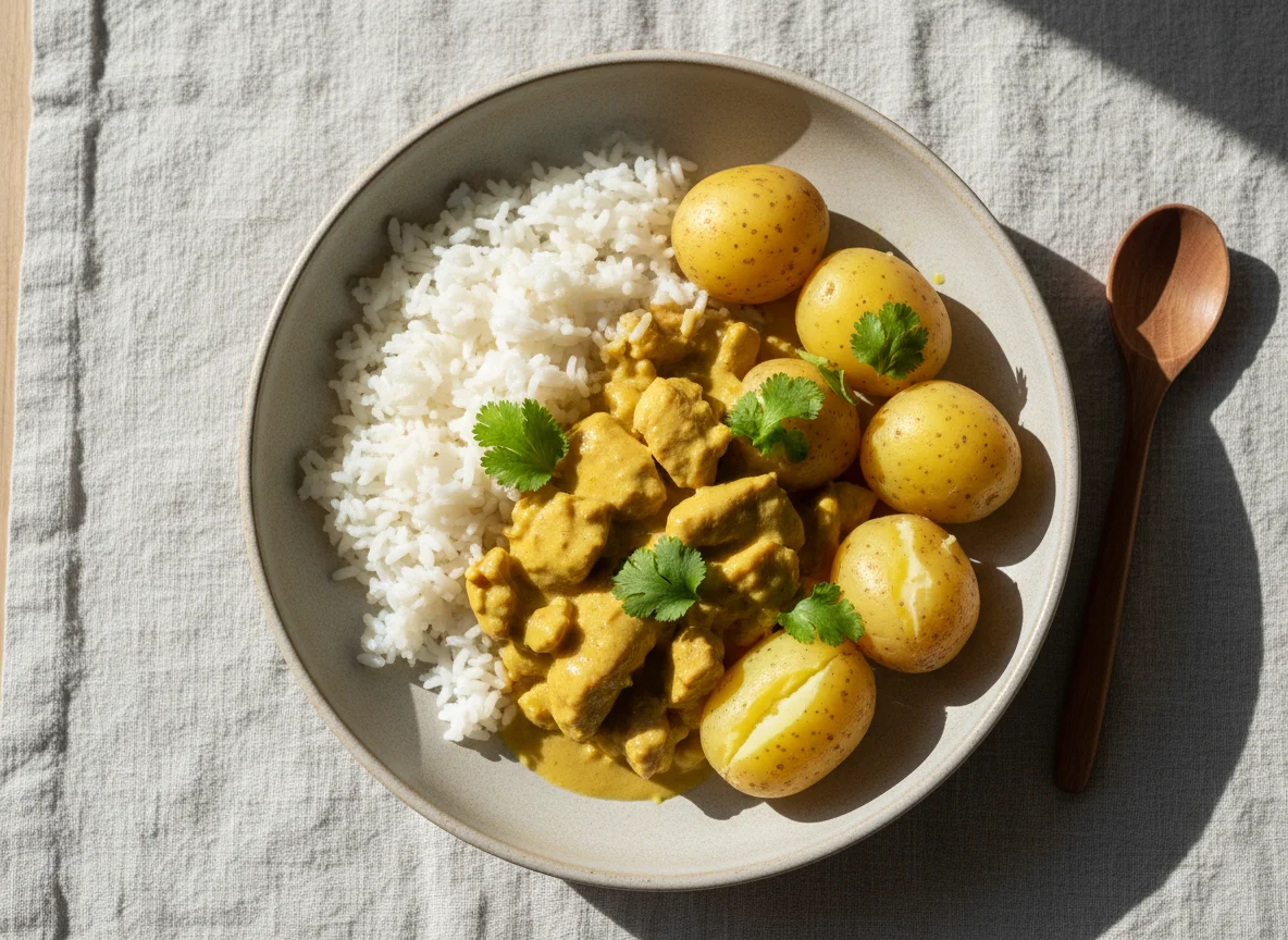 Hähnchen-Curry mit Reis und Kartoffeln photo