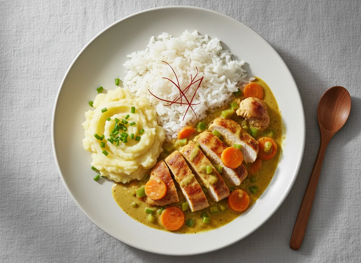 Hähnchen-Curry mit Reis und Kartoffelpüree photo