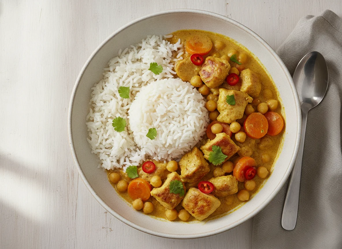 Hähnchen-Curry mit Reis und Kichererbsen photo