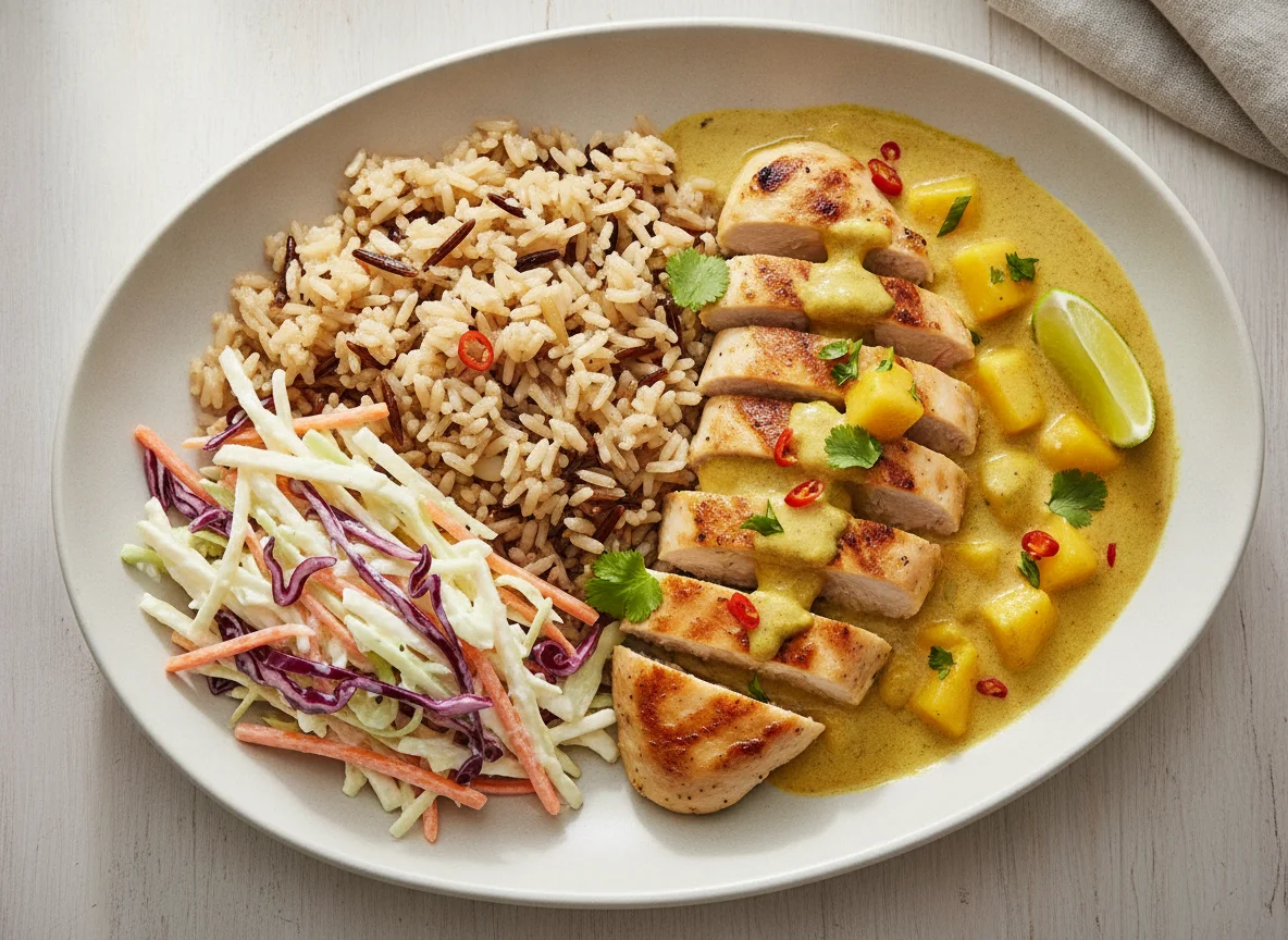 Hähnchen-Curry mit Reis und Krautsalat photo