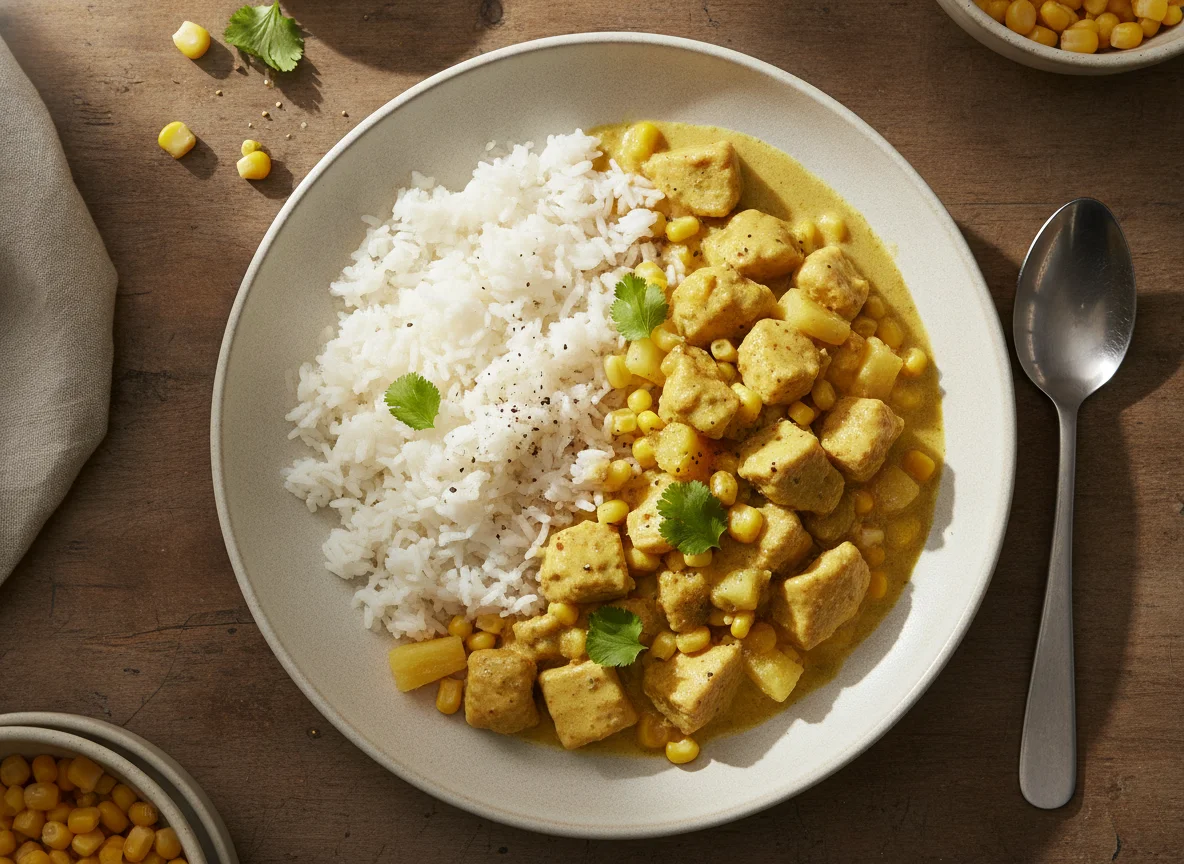 Hähnchen-Curry mit Reis und Mais photo