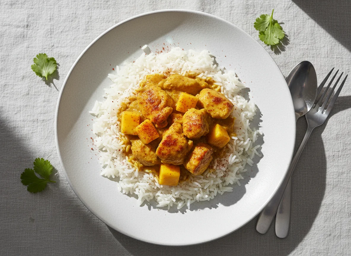 Hähnchen-Curry mit Reis und Mango photo