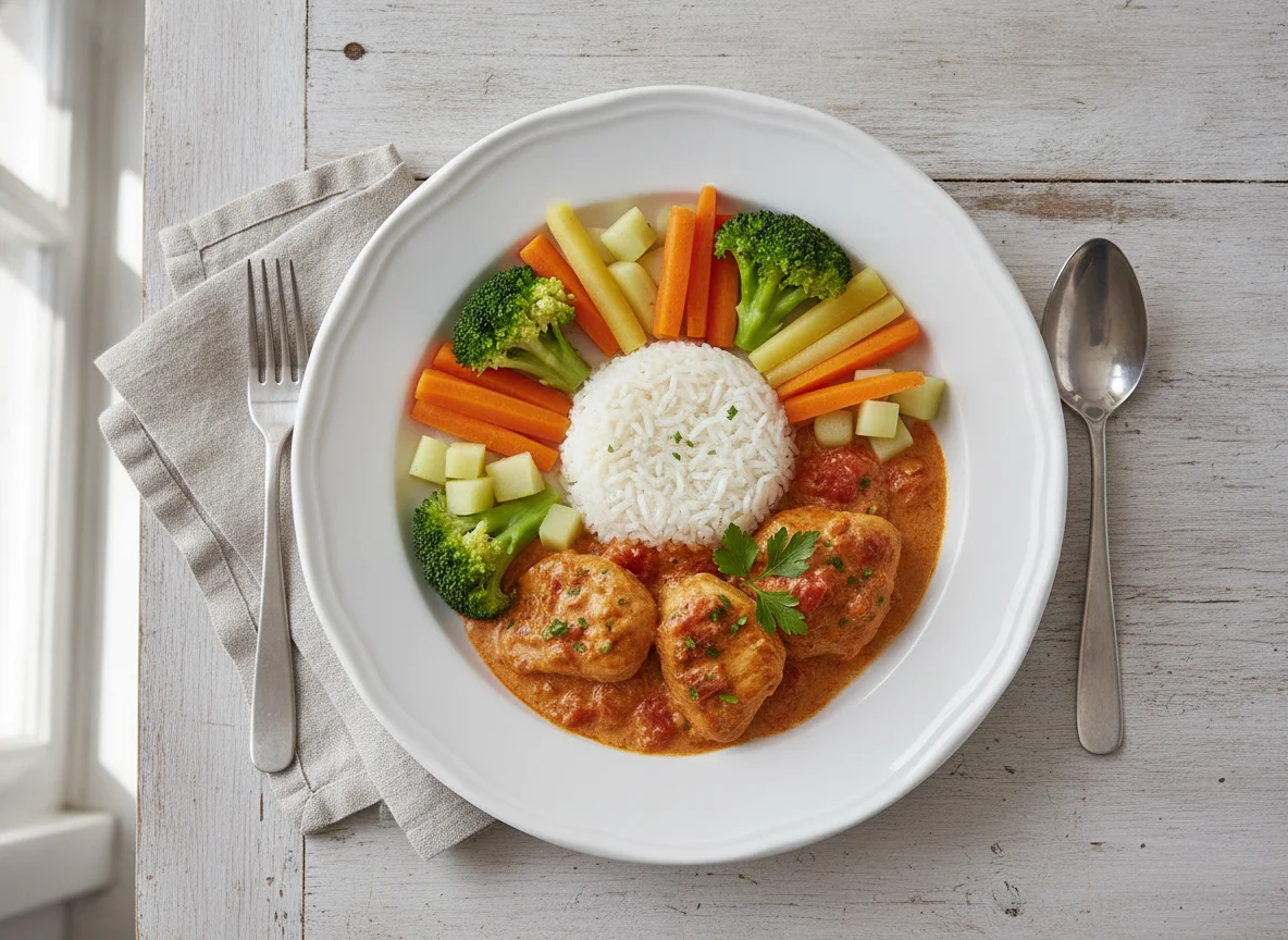 Hähnchen-Curry mit Reis und Mischgemüse photo