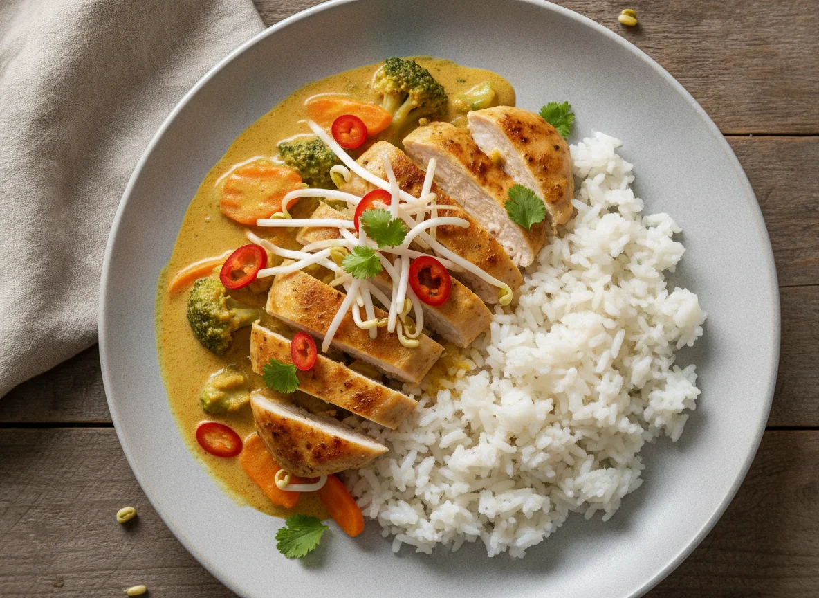 Hähnchen-Curry mit Reis und Mungobohnensprossen photo