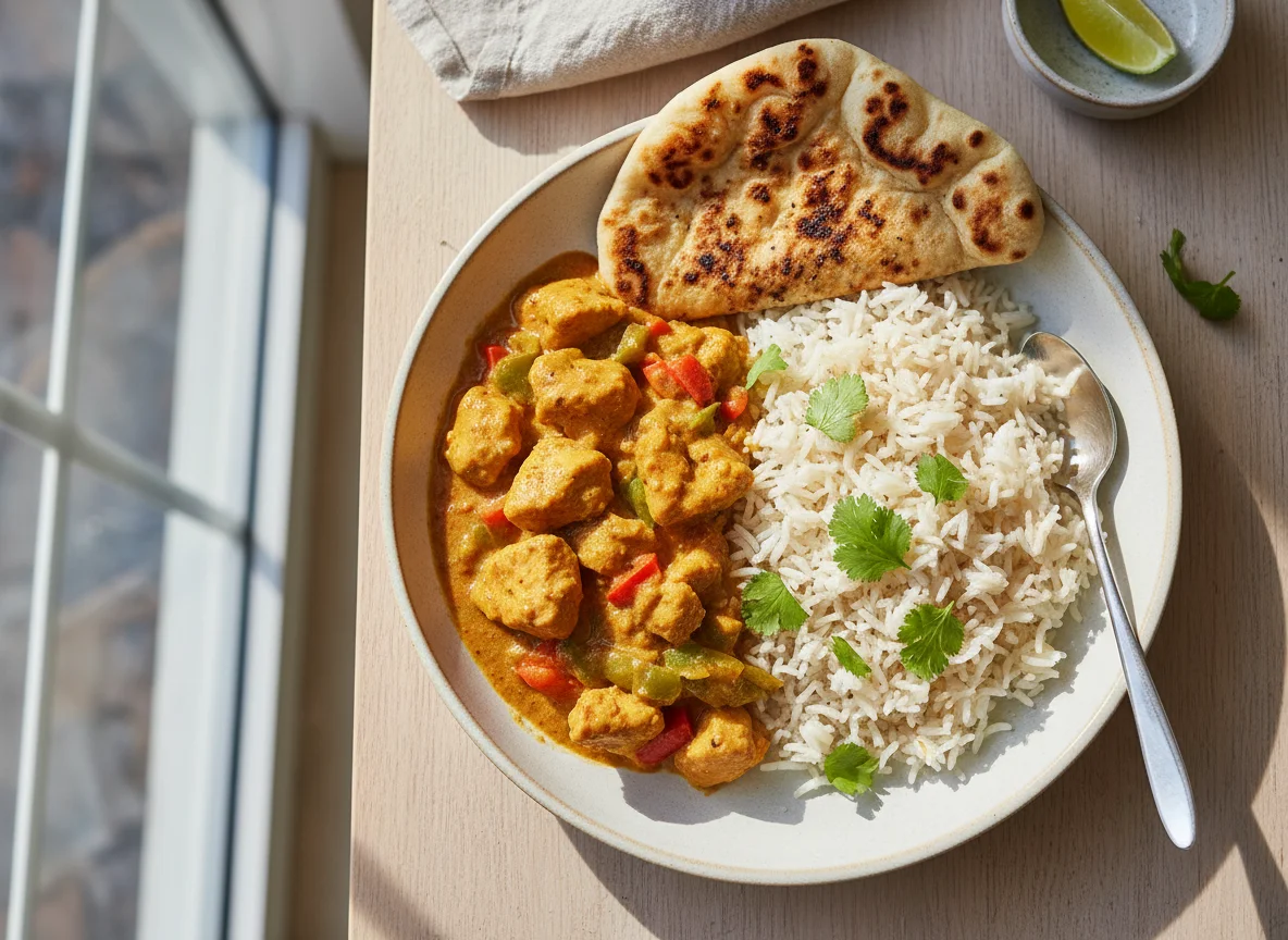 Hähnchen-Curry mit Reis und Naan photo
