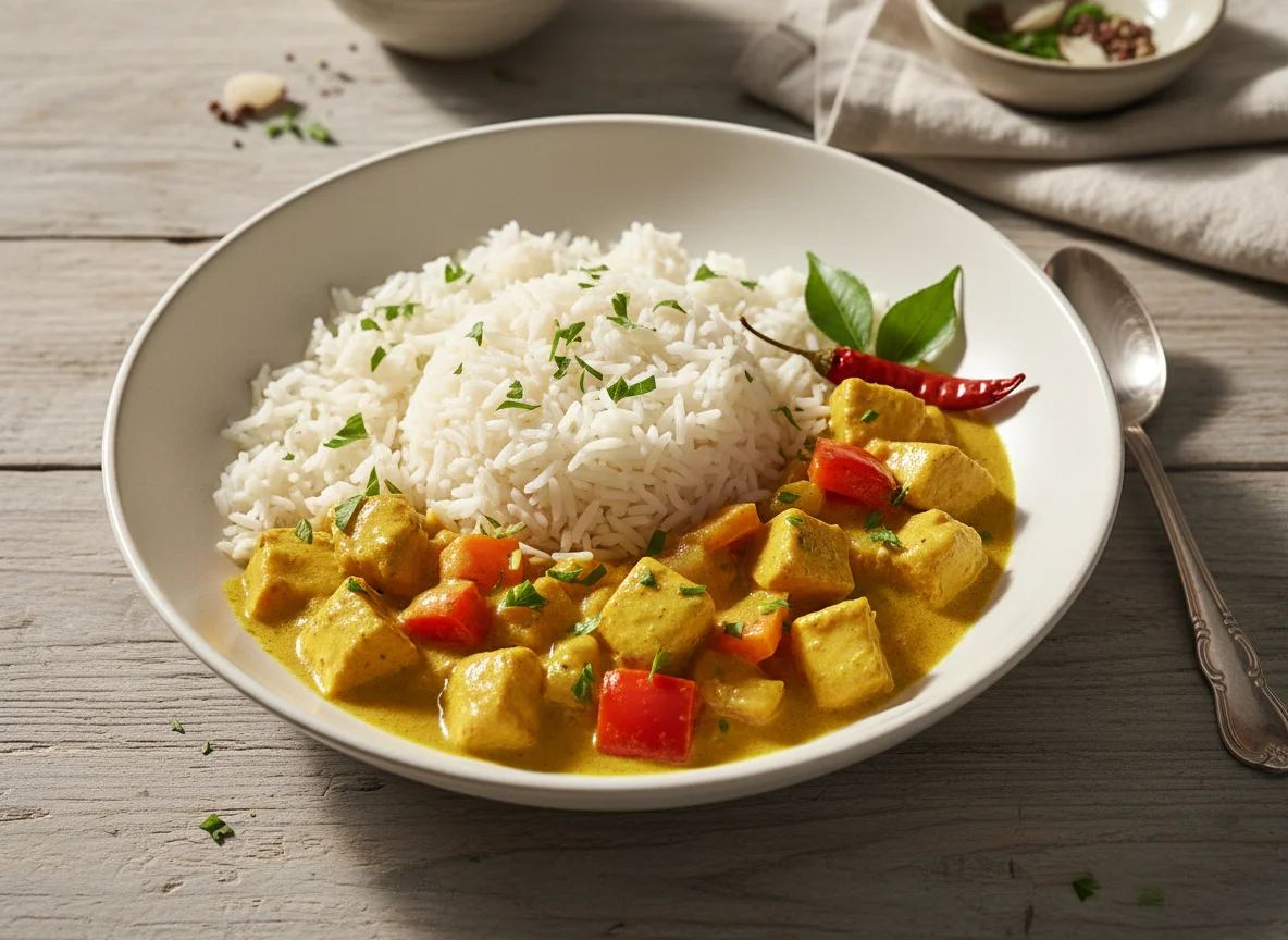 Hähnchen-Curry mit Reis und Paprika photo