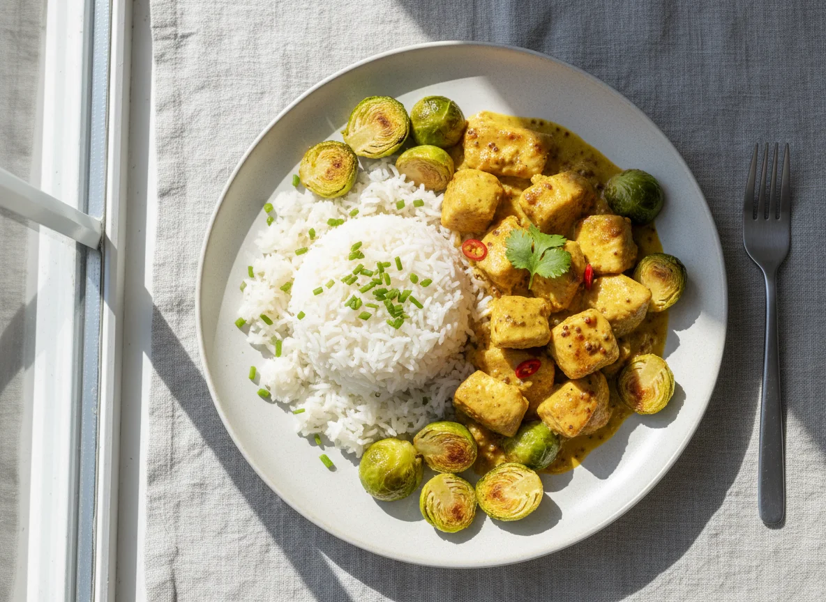 Hähnchen-Curry mit Reis und Rosenkohl photo