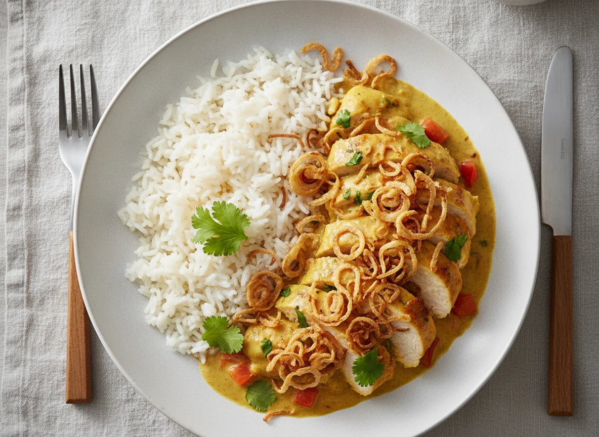 Hähnchen-Curry mit Reis und Röstzwiebeln photo