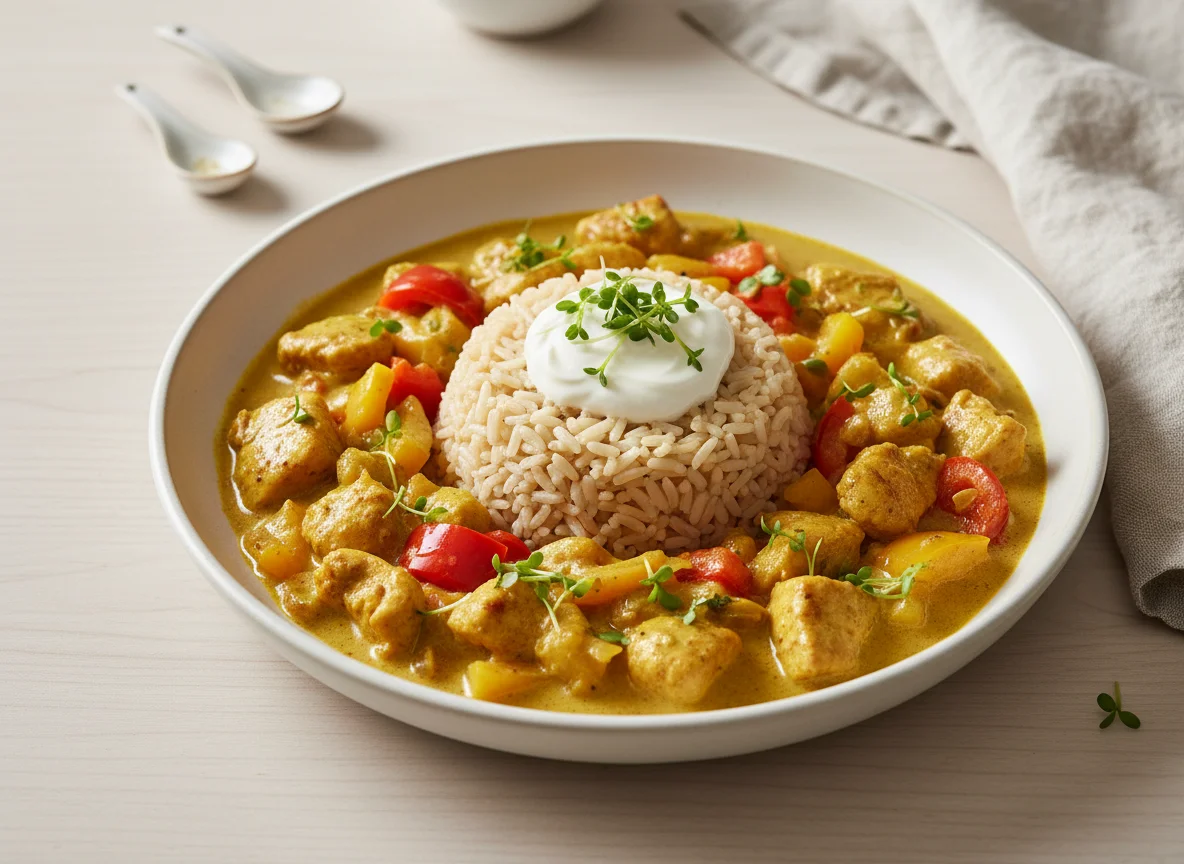 Hähnchen-Curry mit Reis und Sauerrahm photo