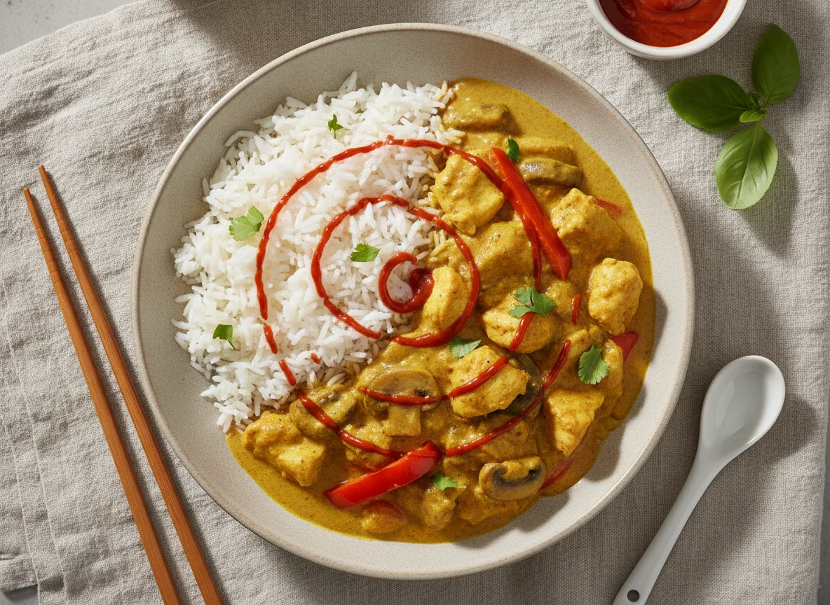Hähnchen-Curry mit Reis und Sriracha photo