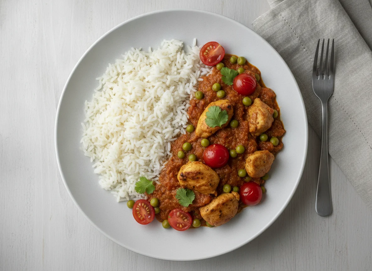 Hähnchen-Curry mit Reis und Tomatensauce photo