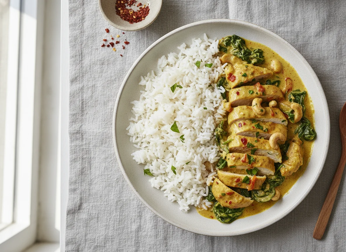 Hähnchen-Curry mit Spinat und Reis photo