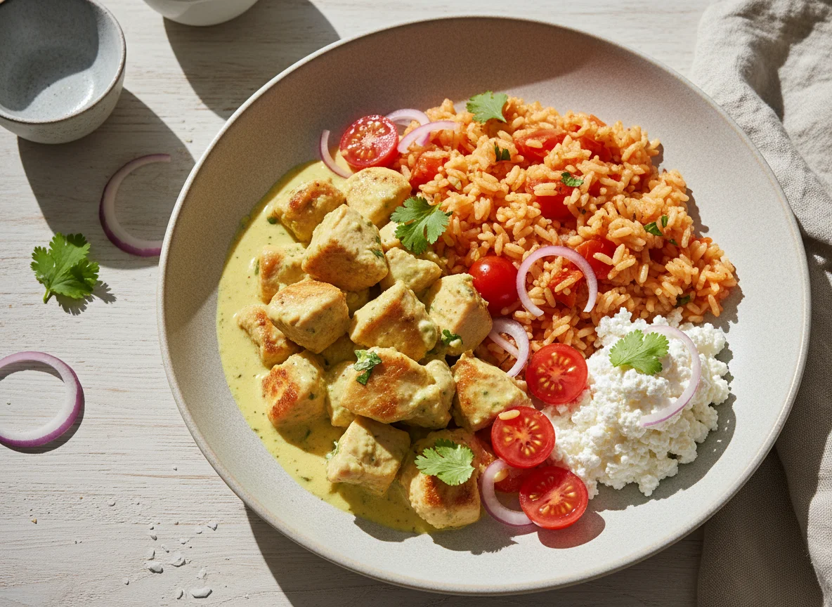 Hähnchen-Curry mit Tomatenreis und Hüttenkäse photo