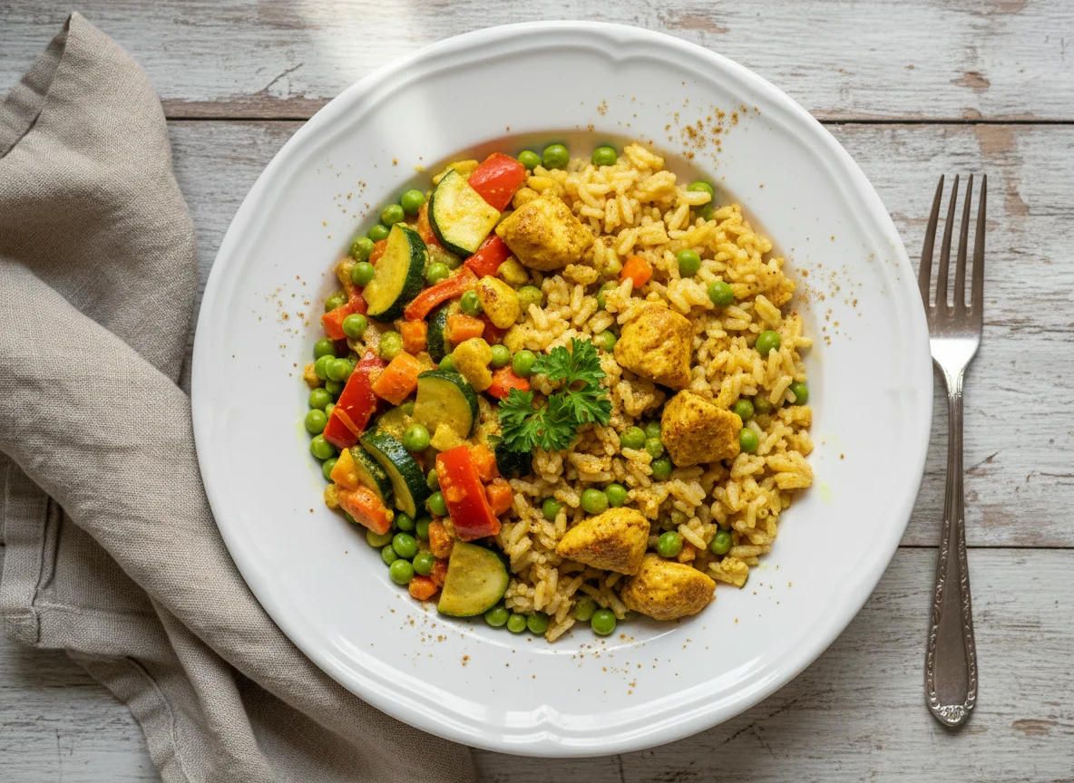 Hähnchen-Curry-Reis mit Gemüse photo