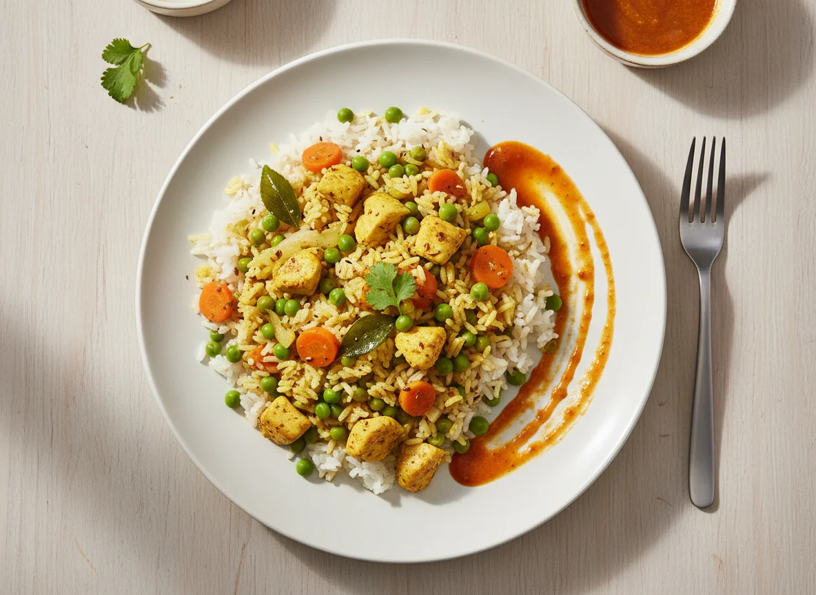 Hähnchen-Curry-Reis mit Süß-Sauer-Sauce photo