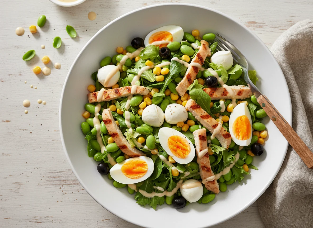 Hähnchen-Edamame-Salat mit Mozzarella und Ei photo