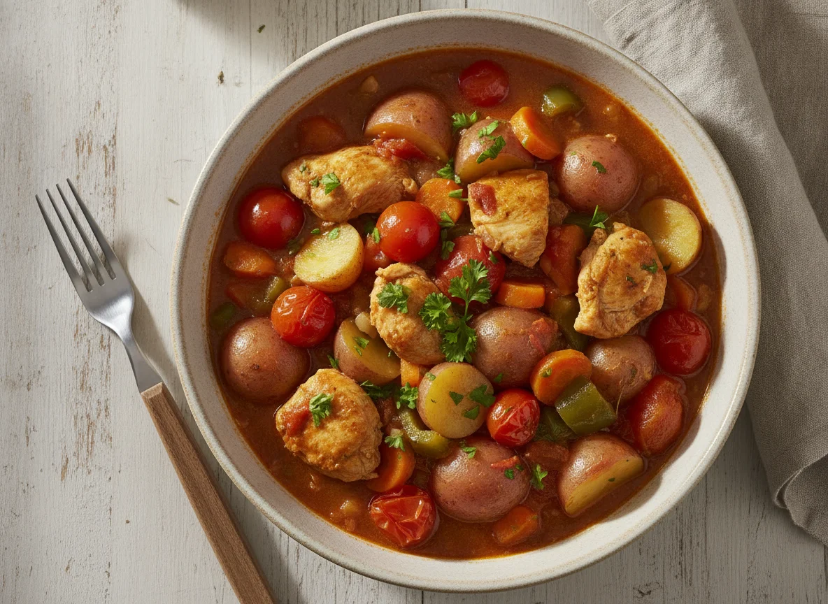 Hähncheneintopf mit Kartoffeln und Gemüse photo