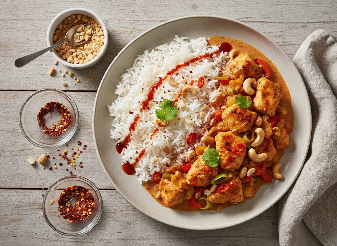 Hähnchen-Erdnuss-Curry mit Reis und Gemüse photo