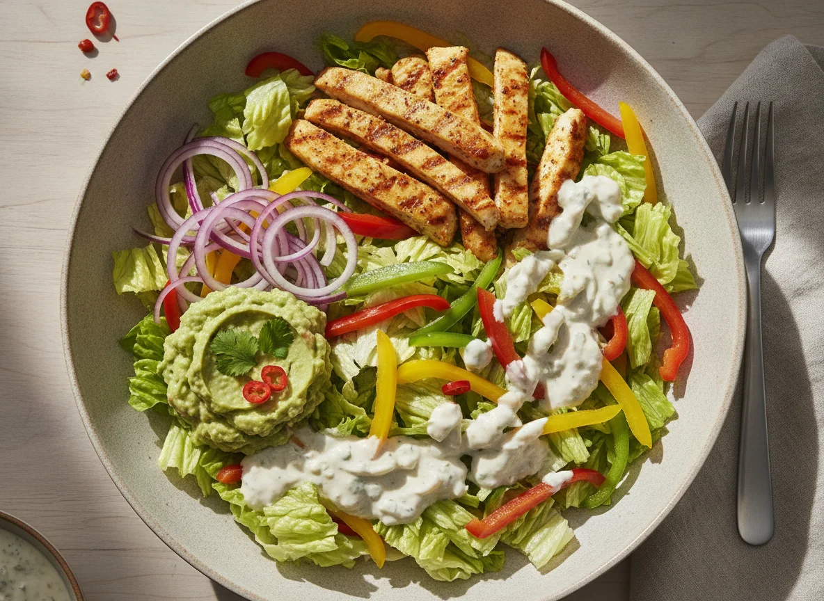 Hähnchen-Fajita-Salat mit Guacamole und Dressing photo