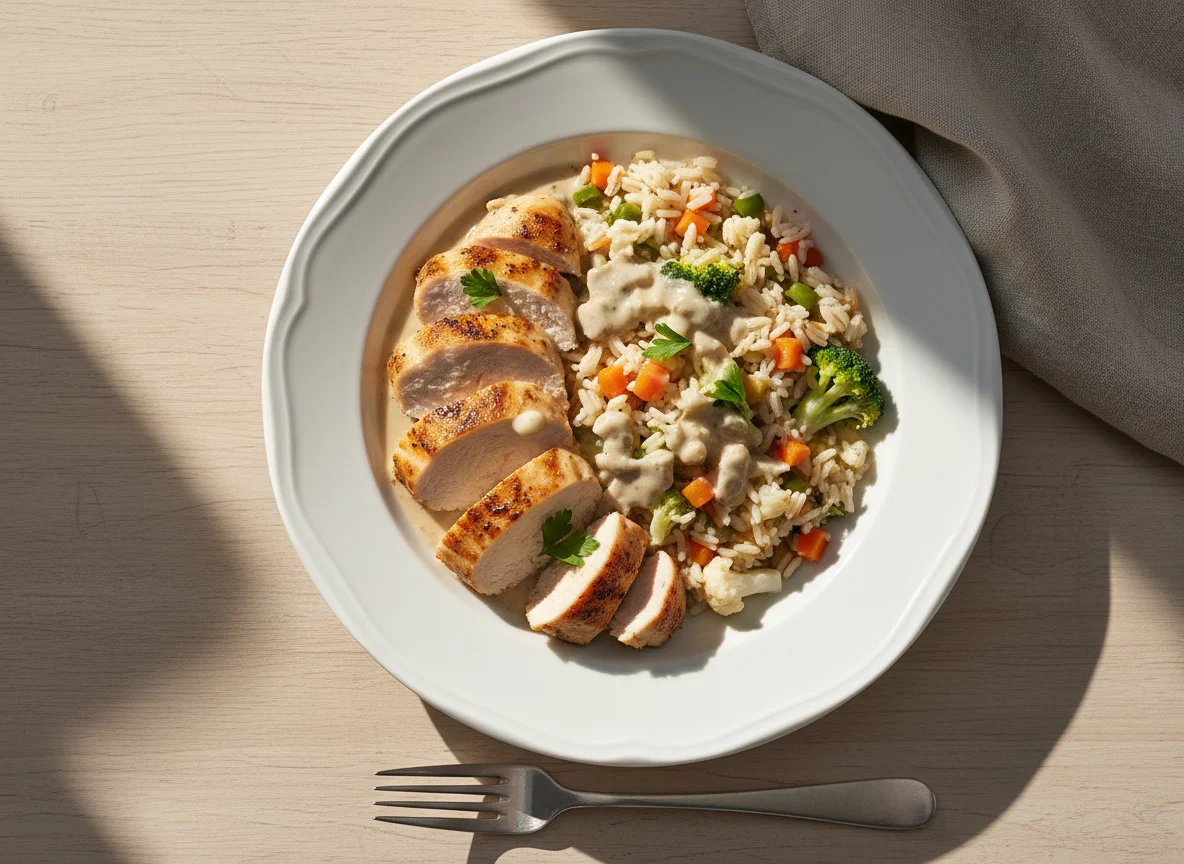 Hähnchenfilet mit Gemüse-Reis-Mischung photo