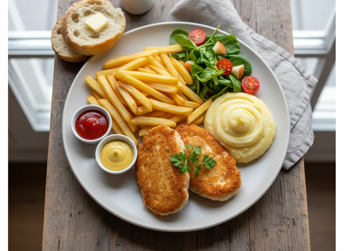 Hähnchenfilet mit Pommes Frites und Kartoffelpüree photo