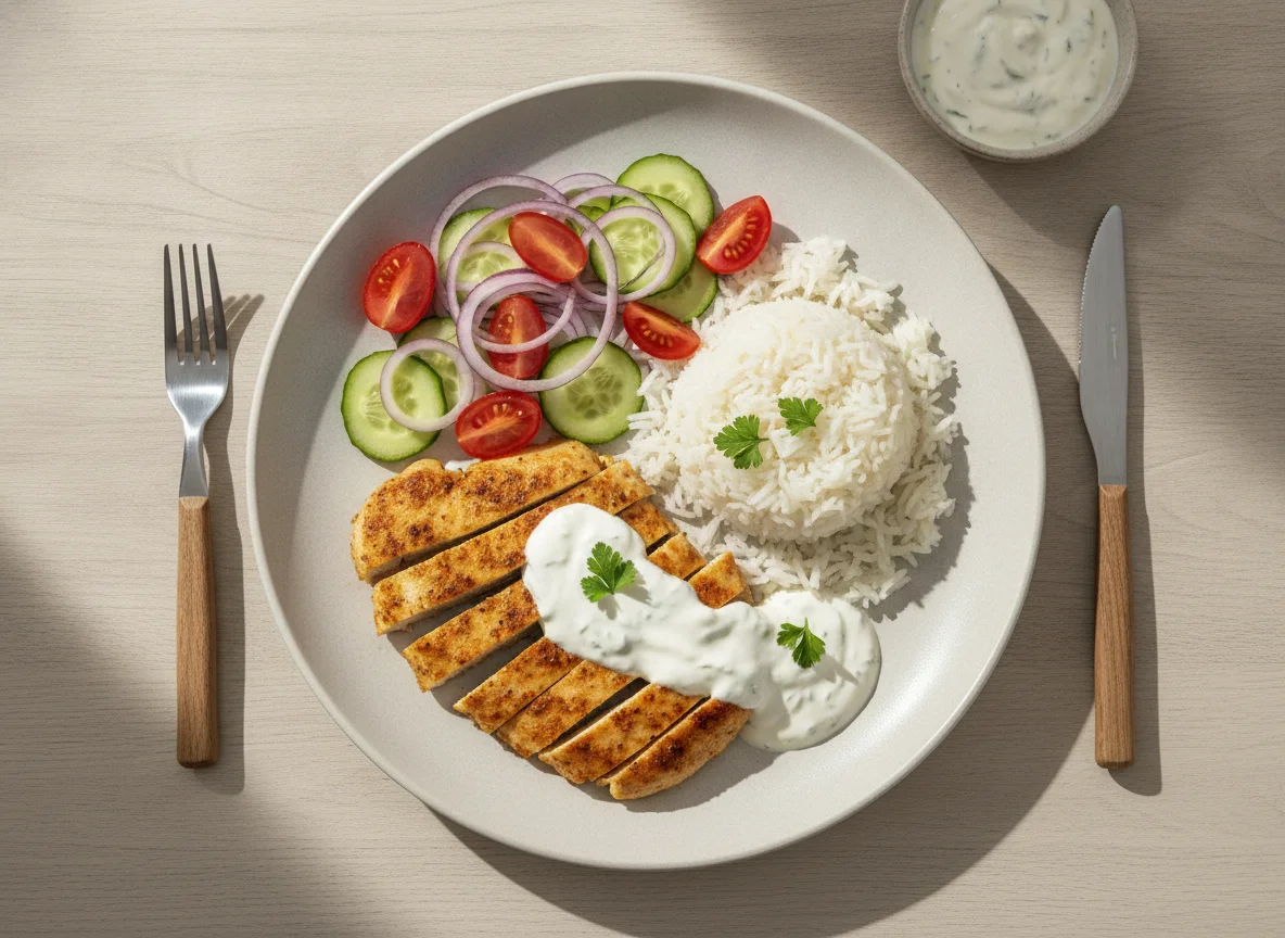 Hähnchenfilet mit Reis und Salat photo