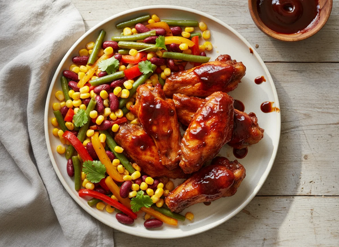 Hähnchenflügel mit BBQ-Sauce und mexikanischem Gemüse photo