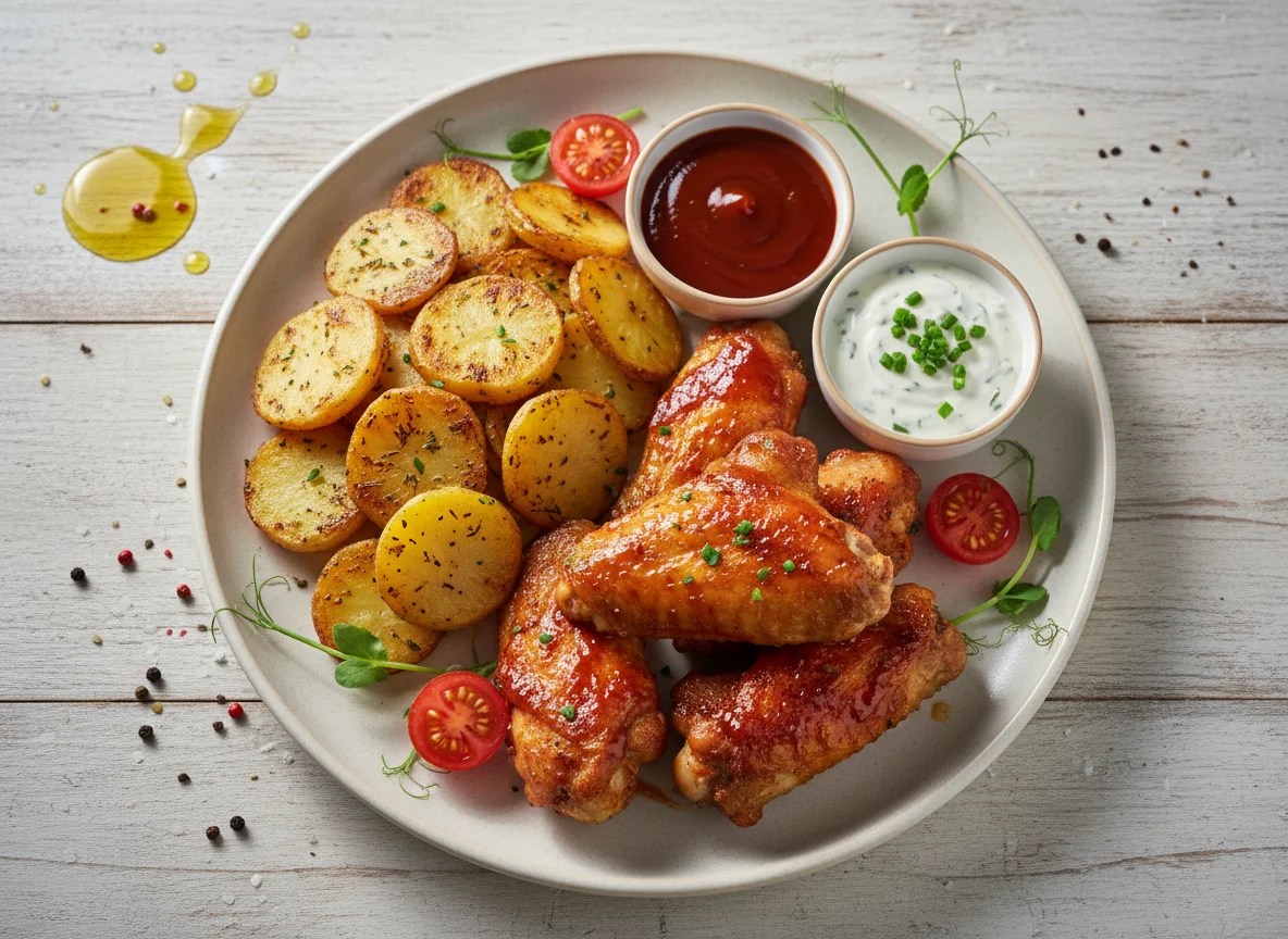 Hähnchenflügel mit Bratkartoffeln und Saucen photo