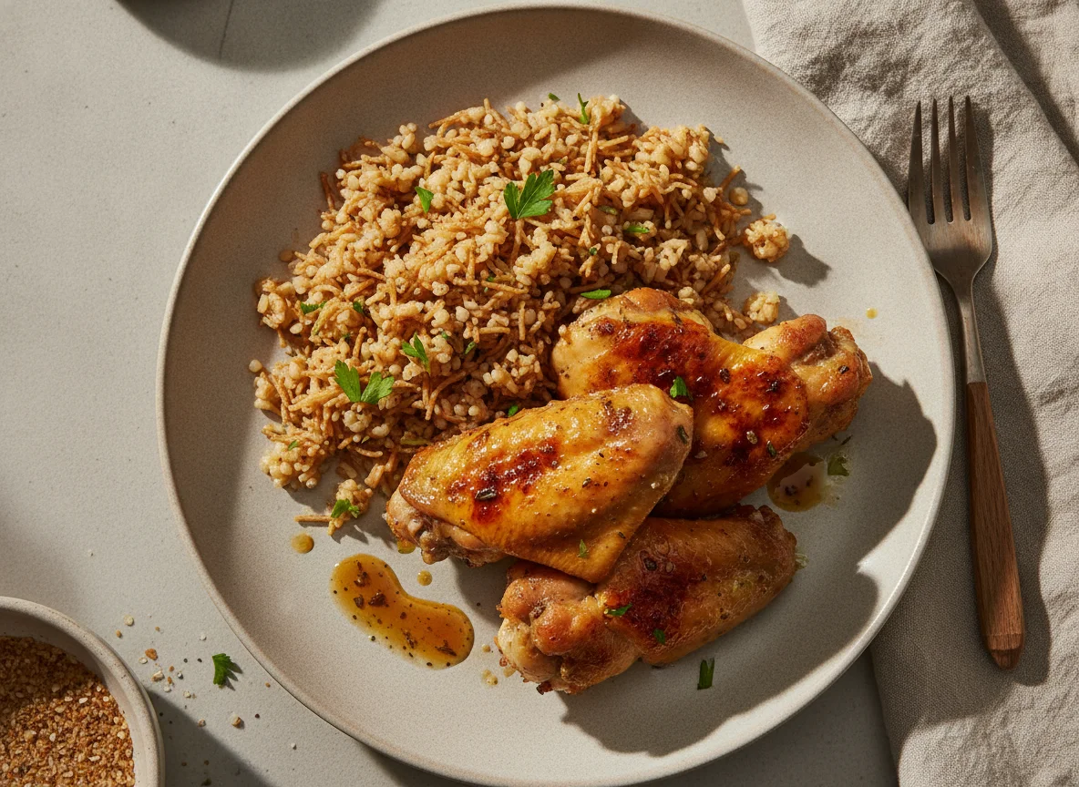 Hähnchenflügel mit Bulgur und Fadennudeln photo
