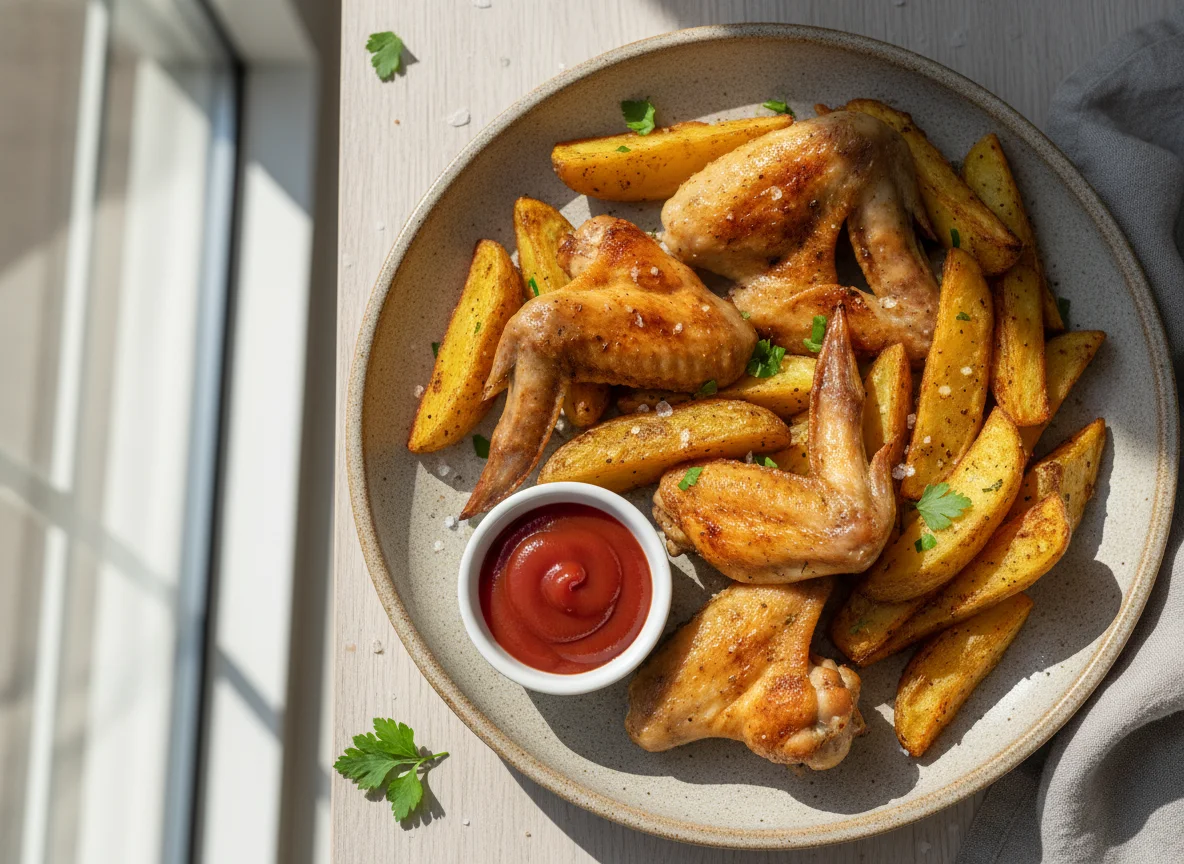 Hähnchenflügel mit Kartoffelspalten und Ketchup photo