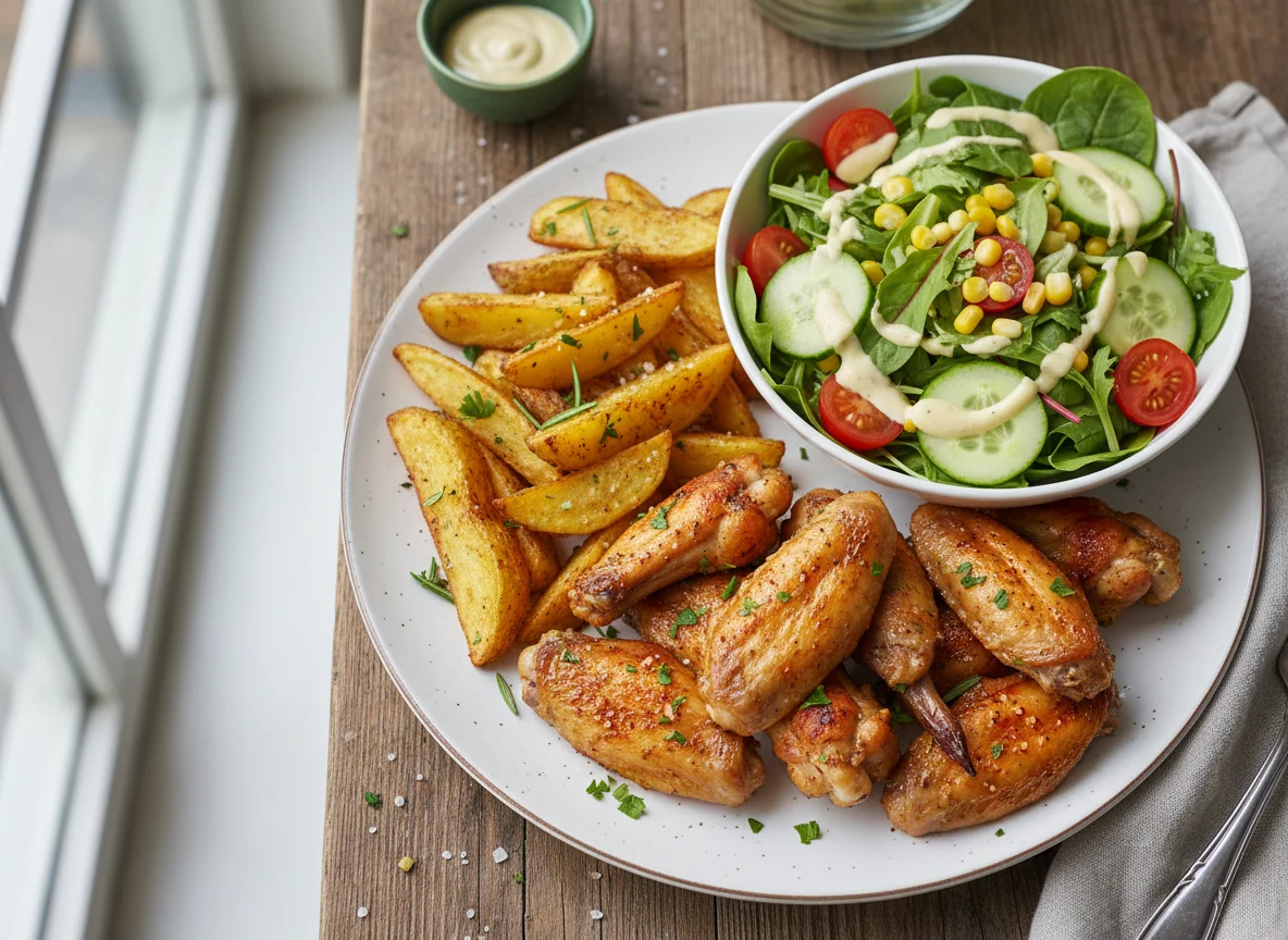 Hähnchenflügel mit Kartoffelspalten und Salat photo
